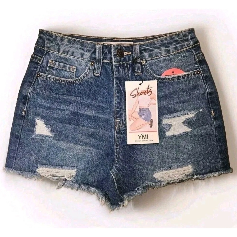 YMI Blue Jean Shorts Size 3 Waist 26" High Rise Stretchy Raw Hem Distressed New